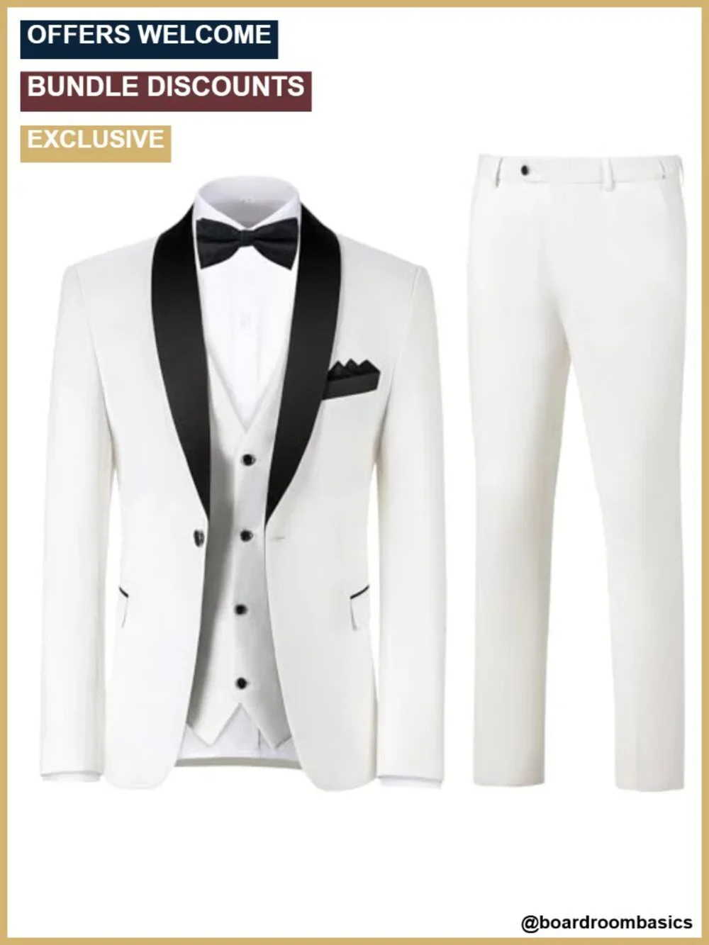 Men's 3 Piece Slim Fit Tuxedo Set with Bow Tie & Pocket Square
